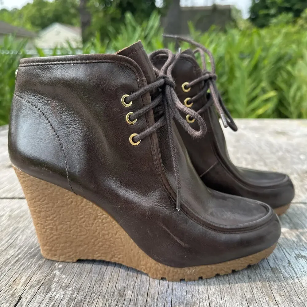 Michael Kors Rory Wedge Booties Brown Leather Ankle Chukka Boots Lace Up 8M 320
